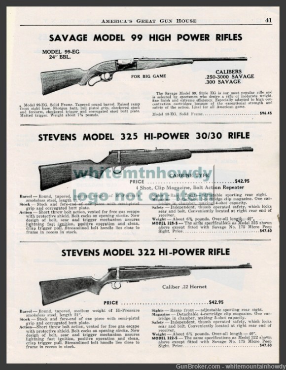 1950 SAVAGE Model 99-EG STEVENS 325 and 322 Rifle PRINT AD-img-0