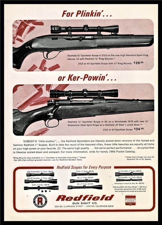 1966 REDFIELD Sportster Rifle Scope PRINT AD for plinkin' or ker-plunkin'-img-0