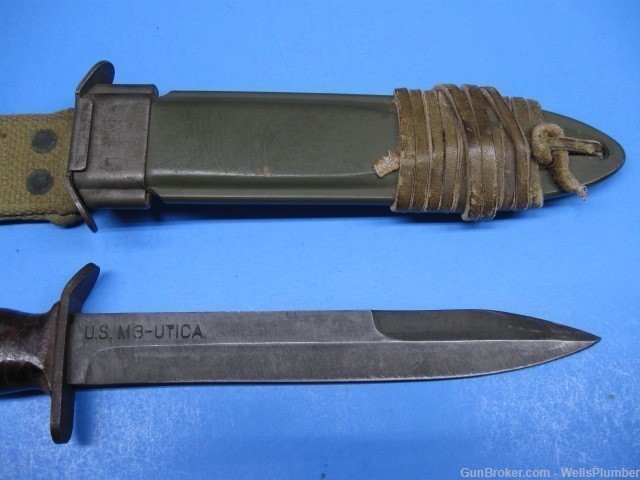 US WWII M3 UTICA BLADE MARKED FIGHTING KNIFE WITH ORIGINAL SCABBARD (NICE)-img-3
