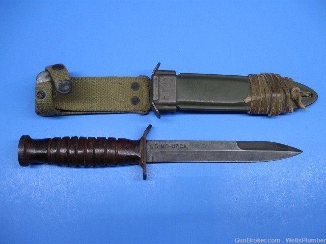US WWII M3 UTICA BLADE MARKED FIGHTING KNIFE WITH ORIGINAL SCABBARD (NICE)-img-0