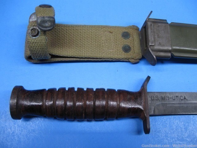 US WWII M3 UTICA BLADE MARKED FIGHTING KNIFE WITH ORIGINAL SCABBARD (NICE)-img-2