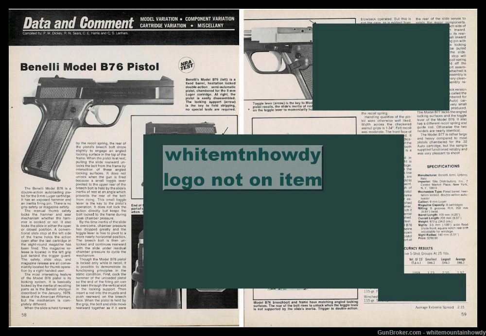 1979 BENELLI Model B76 Pistol 2-page Evaluation Article-img-0