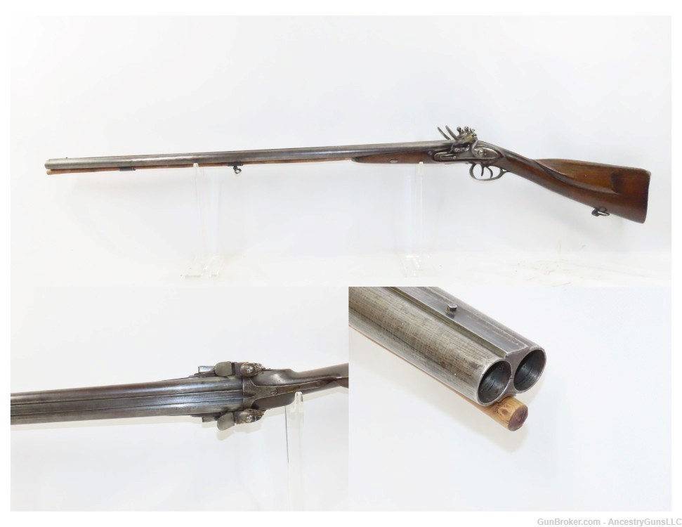 Antique BELGIAN 16 Ga. Double Barrel Side by Side FLINTLOCK Shotgun 1800s S-img-0