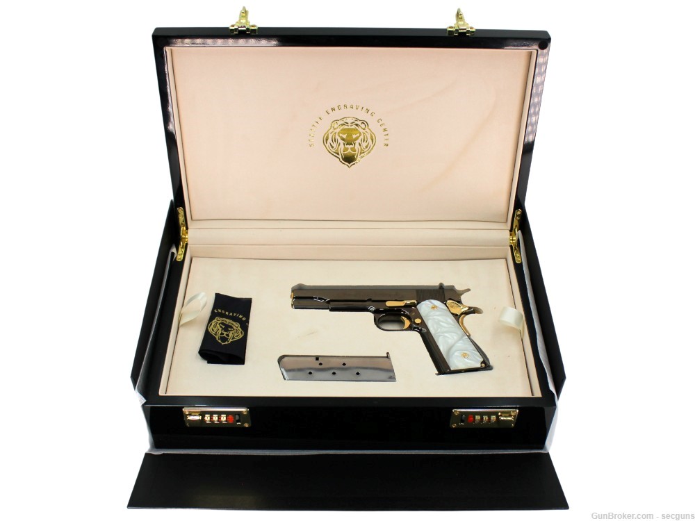 Black Chrome & 24 Karat Gold Colt Government 1911 with CUSTOM WOOD CASE-img-1