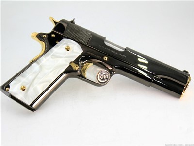 Black Chrome & 24 Karat Gold Colt Government 1911 with CUSTOM WOOD CASE
