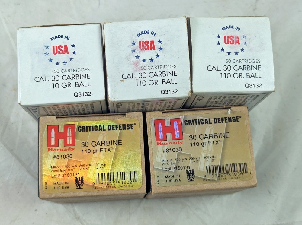 200 Rds 30 Carbine Ammo Winchester 110g Ball Hornady Critical Defense FTX-img-1