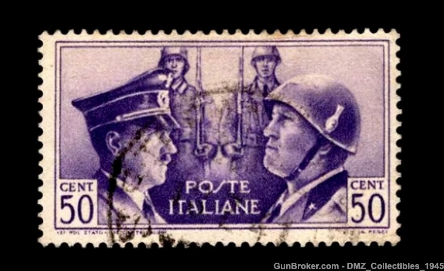 WW2 WWII 1941 Italian 50 Cent Stamp Mussolini & German Fuhrer -img-0