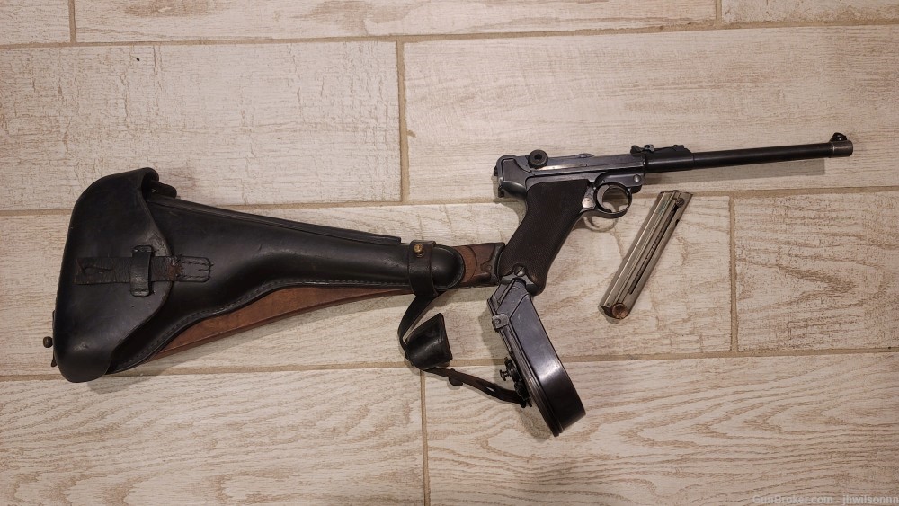 Matching 1915 Artillery Luger w/ Original Holster, Stock, and Drum Magazine-img-0