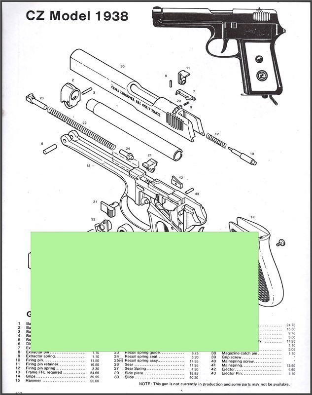 1993 CZ Model 1938 Pistol Schematic Parts List-img-0