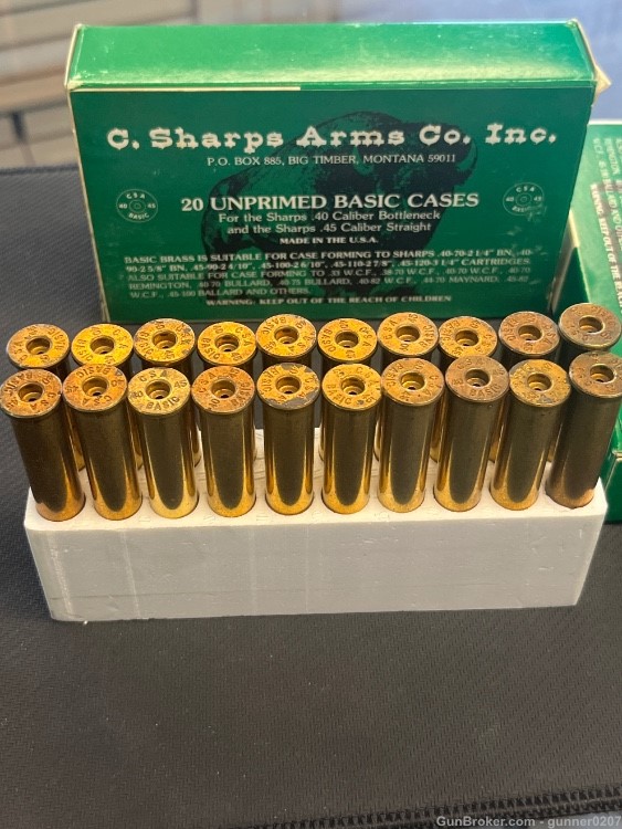 C Sharps Arms Co Inc NOS 3.25” 45 basic brass 40 piece/rounds Virgin Brass-img-1