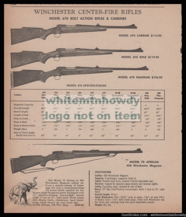 1967 WINCHESTER Model 670 Bolt Action Rifle AD w/ specs & 70 African-img-0