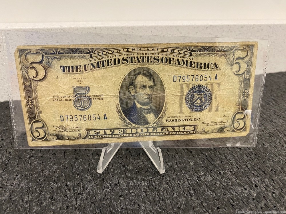 Nice Series 1934 A $5 Five Dollar Silver Certificate “Godless” Note-img-0