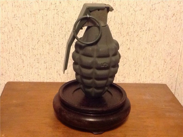 GRENADE ON FINISHED  WOOD STAND-PINEAPPLE-img-0