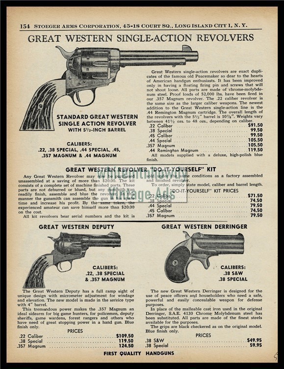 1958 GREAT WESTERN Single action and Deputy Revolver PRINT AD w/ Derringer-img-0