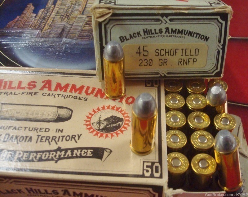 100 BLACK HILLS .45 SCHOFIELD 230 grain RNFP NEW Cowboy brass cased ammo-img-2