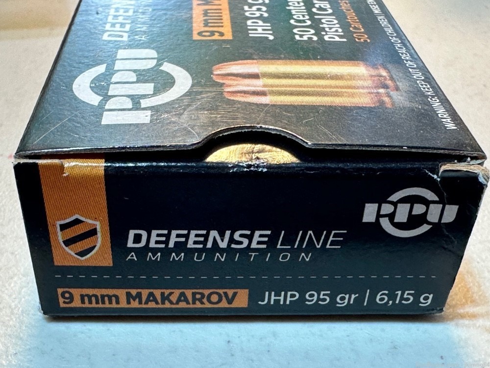 50 rounds of PPU Defense Line 9x18mm 9mm Makarov 95gr JHP brass cased ammo-img-0