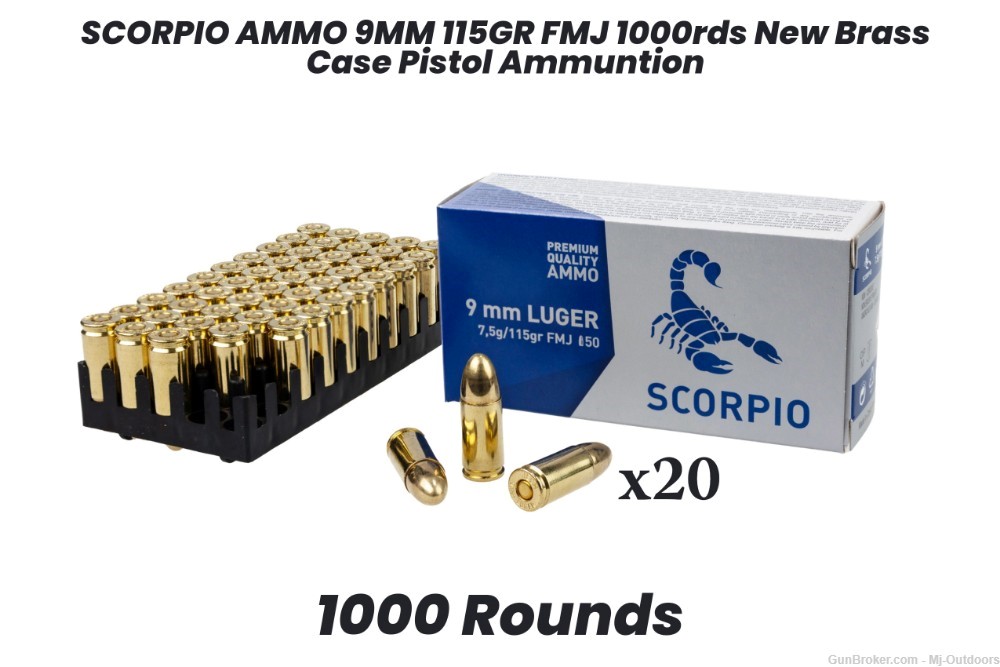 SCORPIO AMMO 9MM 115GR FMJ 1000rds New Brass Case Pistol Ammuntion-img-0