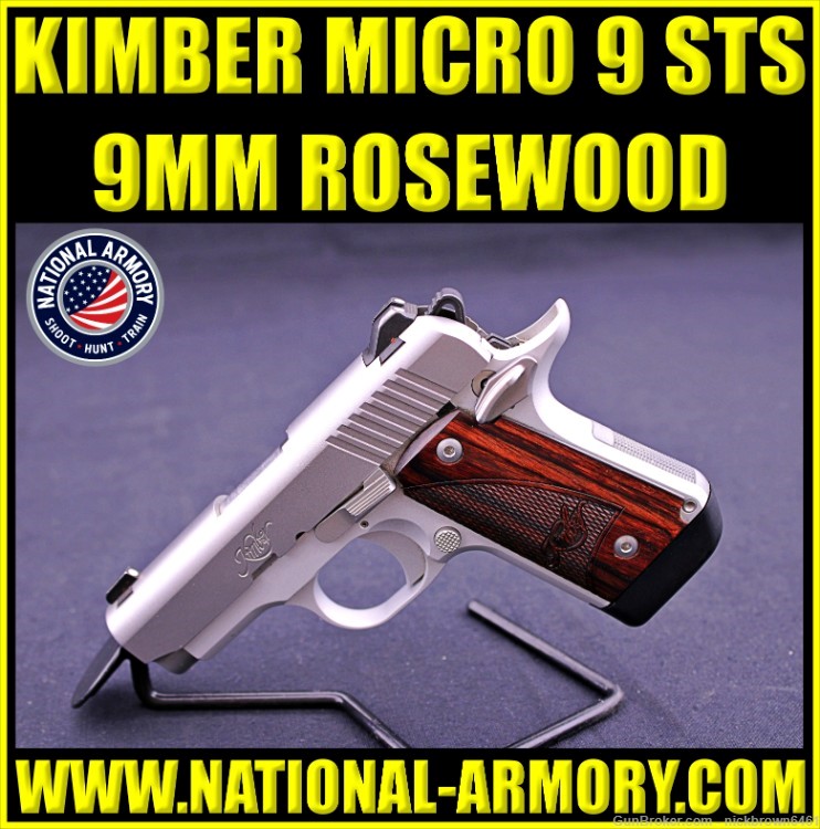 KIMBER MICRO 9 ROSEWOOD STS 9MM 3.25" 1911 STAINLESS STEEL 7 ROUND & BOX-img-0