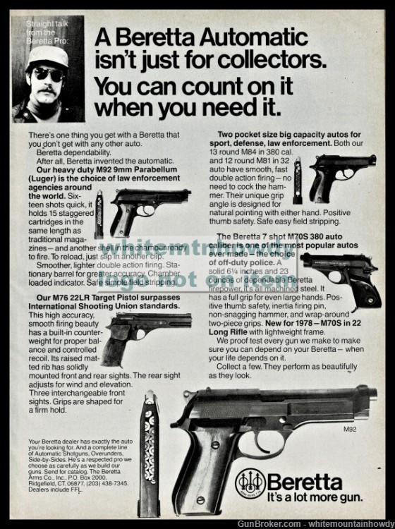 1978 BERETTA  M92 9mm , .22 LR Target, M84 Pocket, M70S Pistol PRINT AD-img-0