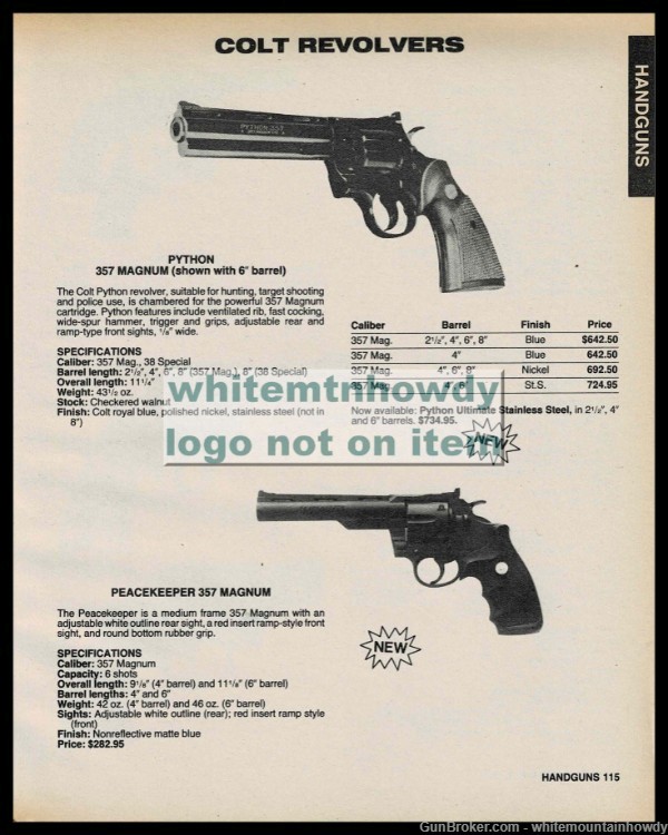 1986 COLT Python 6:" barrel Peacenajer both .357 Magnum Revolver PRINT AD-img-0