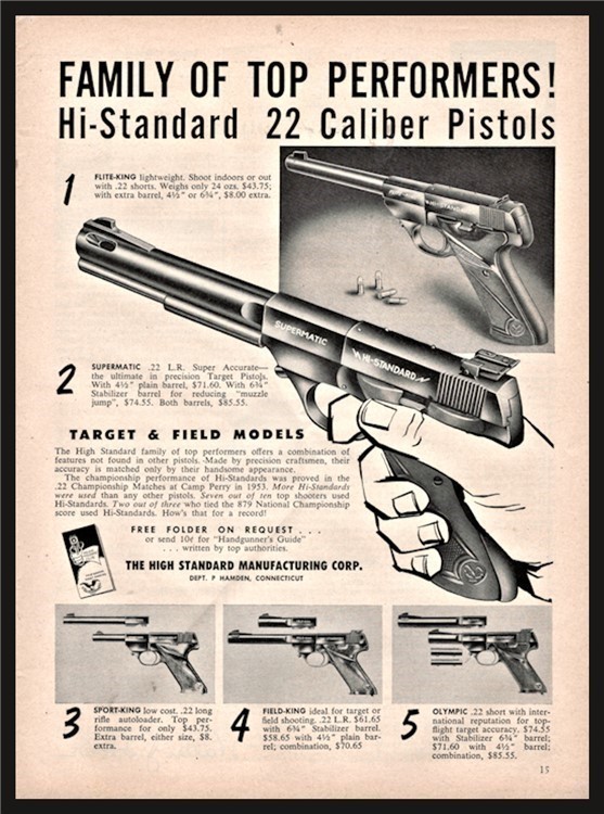 1954 HIGH HI-STANDARD Flite-King and Supermatic Pistol PRINT AD-img-0