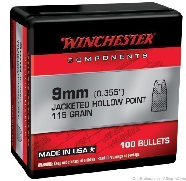 Winchester 9mm 115 Grain Hollow Point Bullet WB9JHP115X  1000 Count-img-0