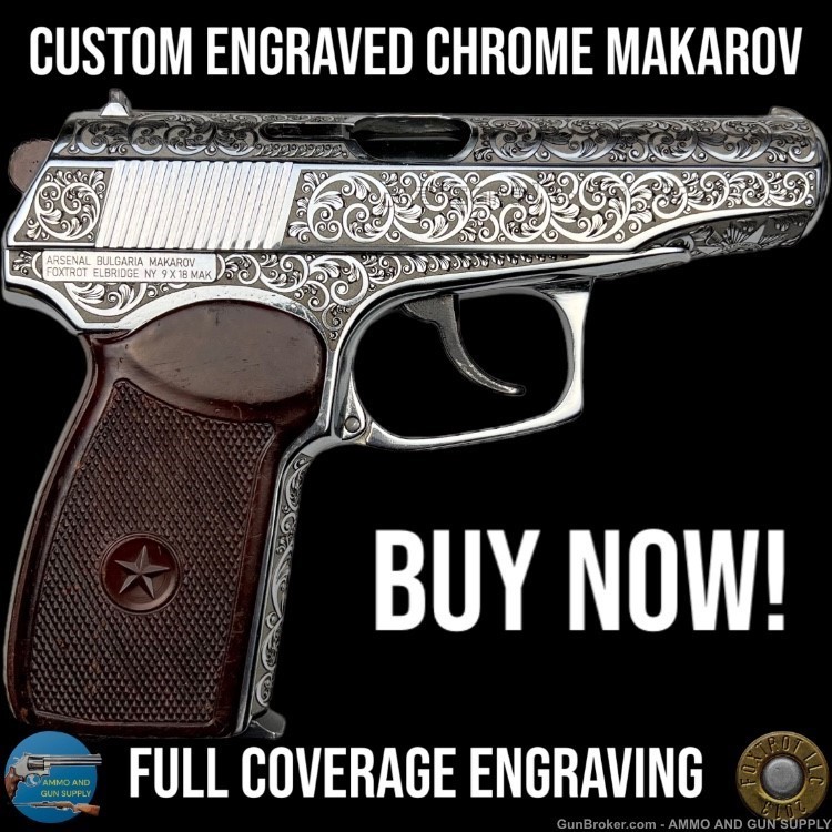 CUSTOM ENGRAVED CHROME MAKAROV - 9X18 MAK - SOVIET AND SCROLL ENGRAVED-img-0
