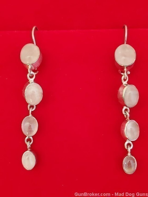 Ladies Rose Quartz and 925 Sterling Silver Earrings. 2-1/2" Long.  SS45.-img-0