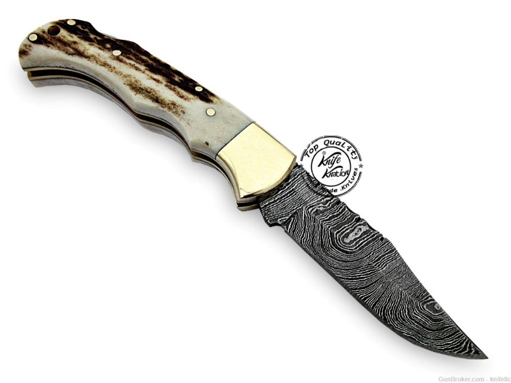 Stag Horn 6.5'' 100% Handmade Damascus Steel Folding Pocket Knife-img-2