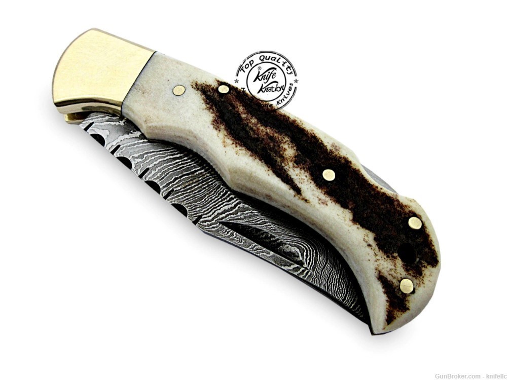 Stag Horn 6.5'' 100% Handmade Damascus Steel Folding Pocket Knife-img-6