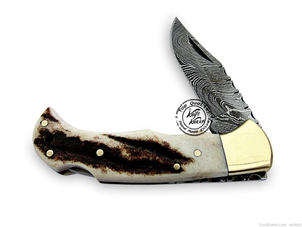 Stag Horn 6.5'' 100% Handmade Damascus Steel Folding Pocket Knife-img-5