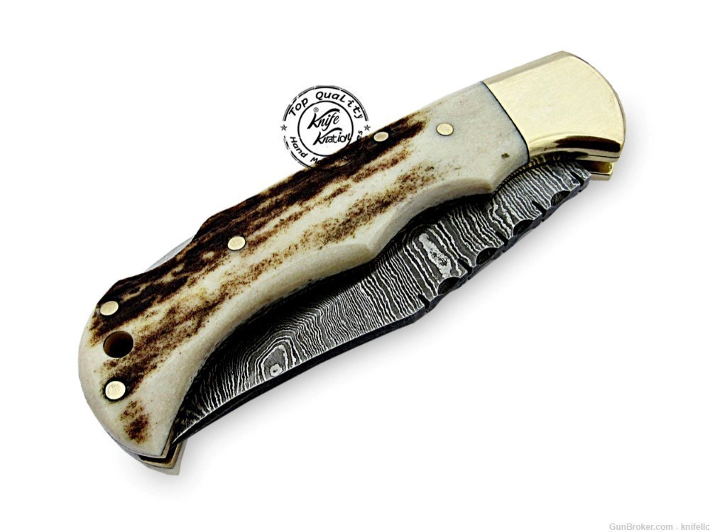 Stag Horn 6.5'' 100% Handmade Damascus Steel Folding Pocket Knife-img-7
