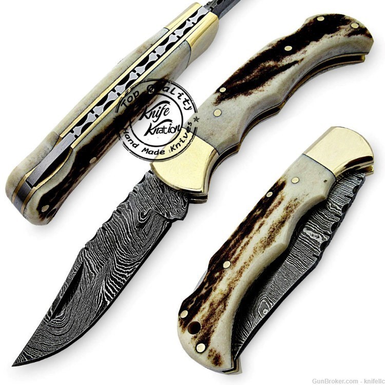 Stag Horn 6.5'' 100% Handmade Damascus Steel Folding Pocket Knife-img-0