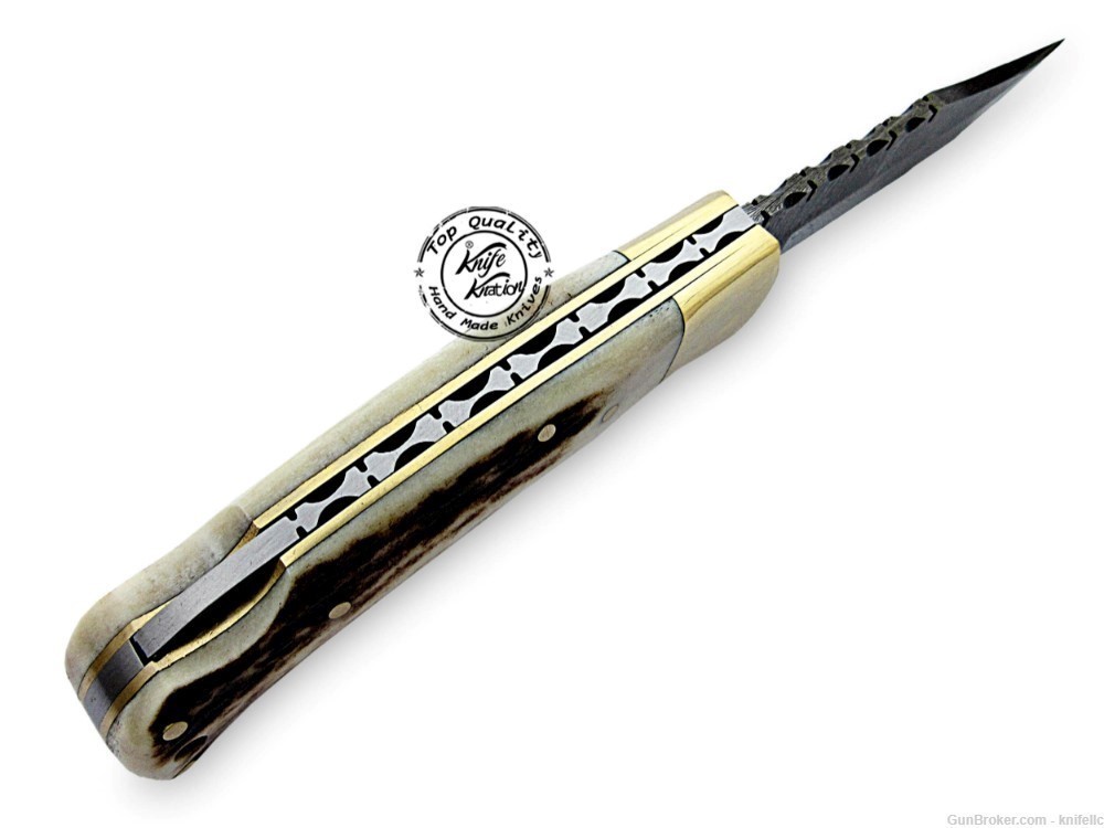 Stag Horn 6.5'' 100% Handmade Damascus Steel Folding Pocket Knife-img-3