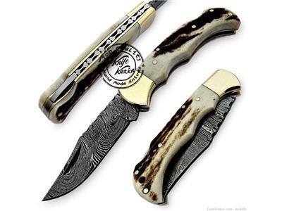 Stag Horn 6.5'' 100% Handmade Damascus Steel Folding Pocket Knife