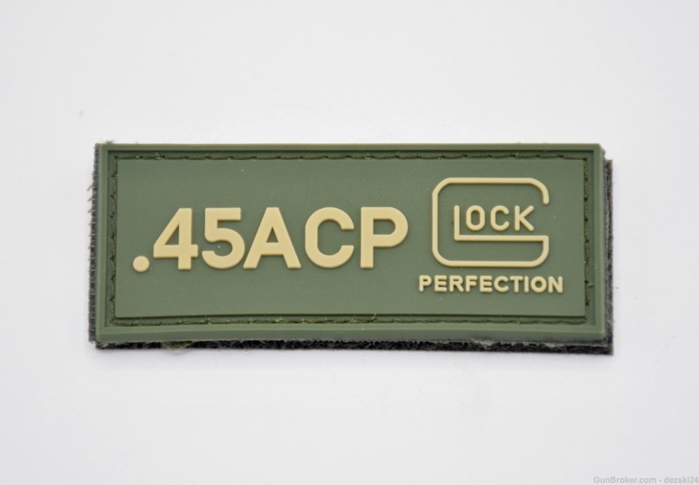 GLOCK PERFECTION "GLOCK .45 ACP AMMO” LOGO PATCH HOOK/LOOP BACKING OD GREEN-img-0