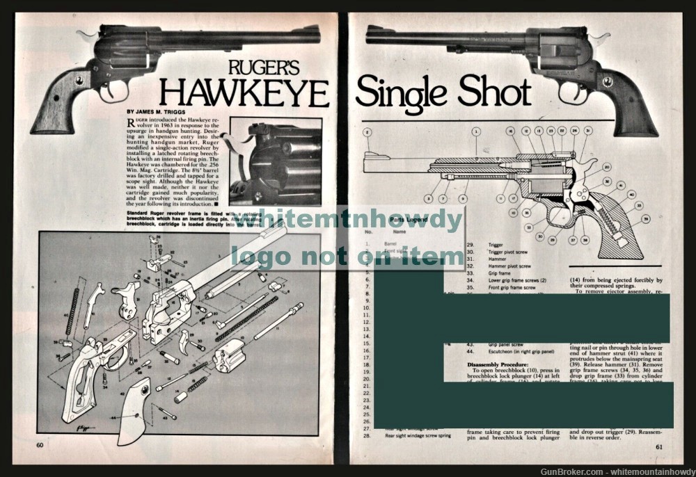 1978 RUGER Hawkeye Revolver Schematic Parts List Assembly Article-img-0