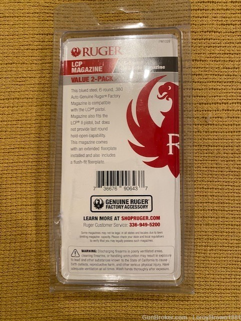 Ruger LCP 6 round .380 auto magazine 2-pack - new, original packaging.-img-1