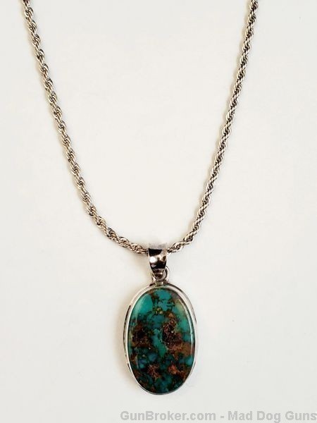 Persian Turquoise Pendant in a 925 Sterling Setting. 22" Silver Chain. KI6.-img-1