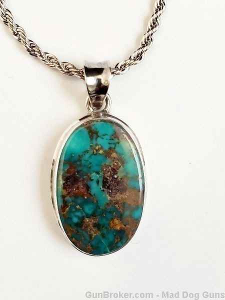 Persian Turquoise Pendant in a 925 Sterling Setting. 22" Silver Chain. KI6.-img-0