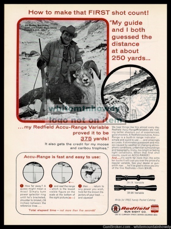 1967 REDFIELD 2x-7x and 3x-9x Variable Rifle Scope PRINT AD Bighorn Sheep-img-0
