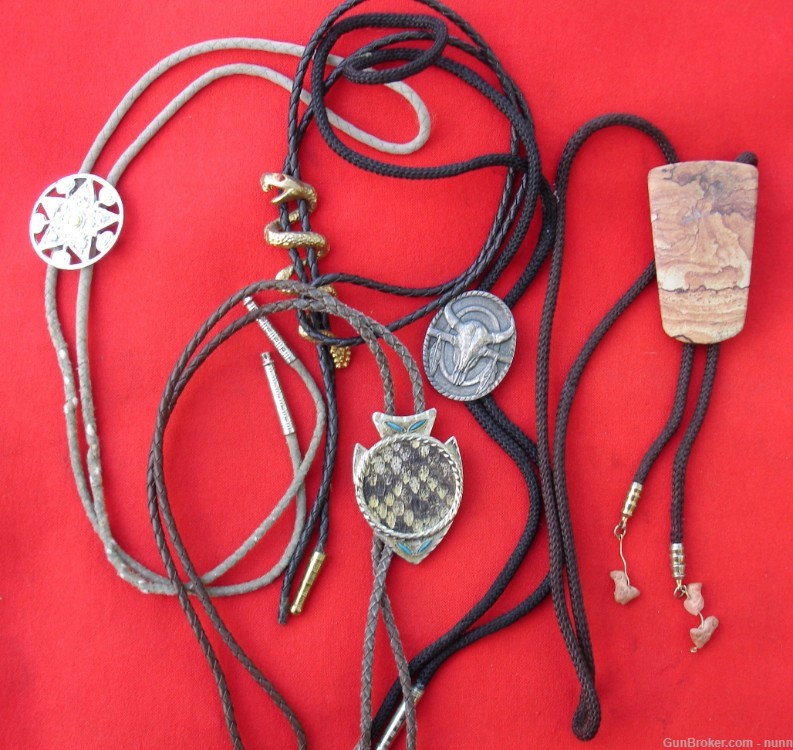 Lot Of FIVE Bolo Ties, Snakeskin, Stones, Gold, Etc. SA-img-0