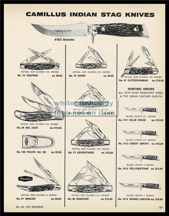 1973 CAMILLUS Sword Brand Indian Stag Knife 12 Knives shown PRINT AD-img-0