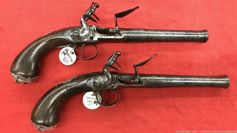 Pair Of Silver Mounted English Turn Off Barrel Greatcoat Pistols By Harman-img-12