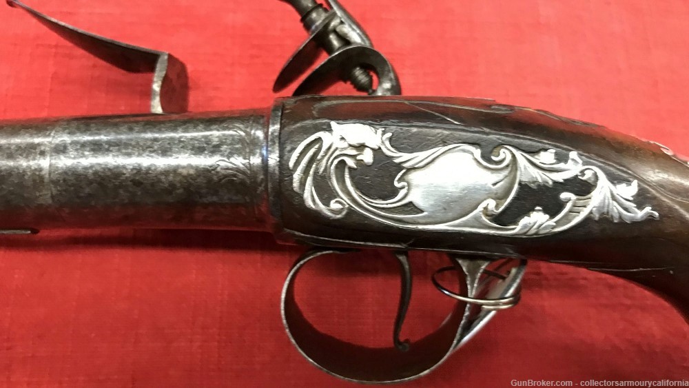 Pair Of Silver Mounted English Turn Off Barrel Greatcoat Pistols By Harman-img-8