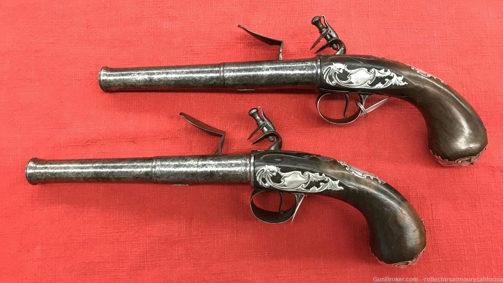 Pair Of Silver Mounted English Turn Off Barrel Greatcoat Pistols By Harman-img-1