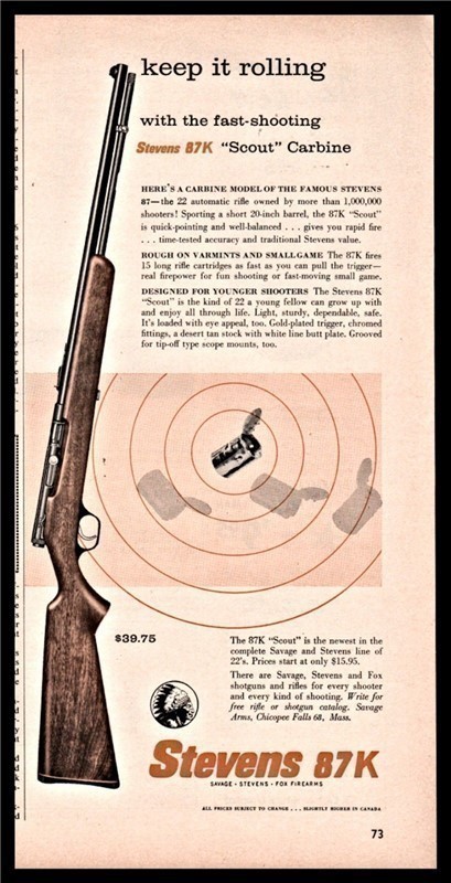 1958 STEVENS 87K Scout Carbine PRINT AD-img-0