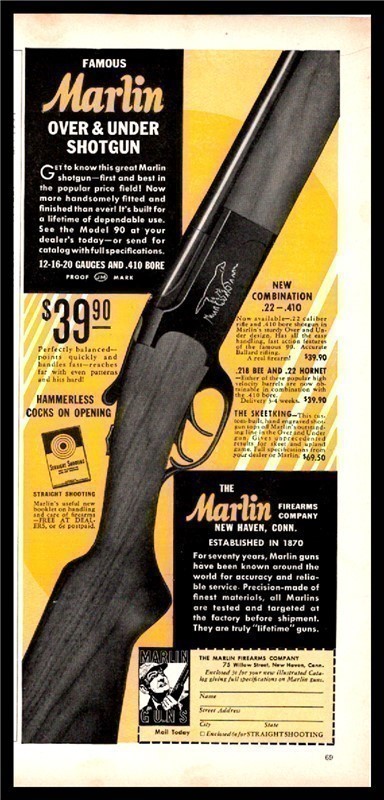 1939 MARLIN 90 OU Shotgun PRINT AD-img-0