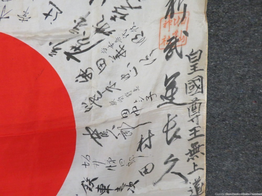 JAPANESE WWII HINOMARU MEATBALL FLAG W/ SIGNED KANJI & TEMPLE STAMP-img-6