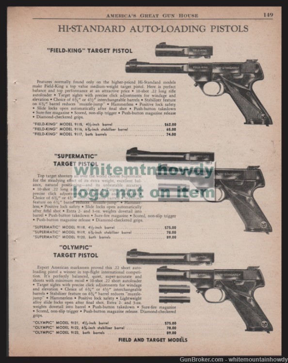 1958 HI-STANDARD Flite-King, Supermatic and Olympic Target Pistol PRINT AD-img-0